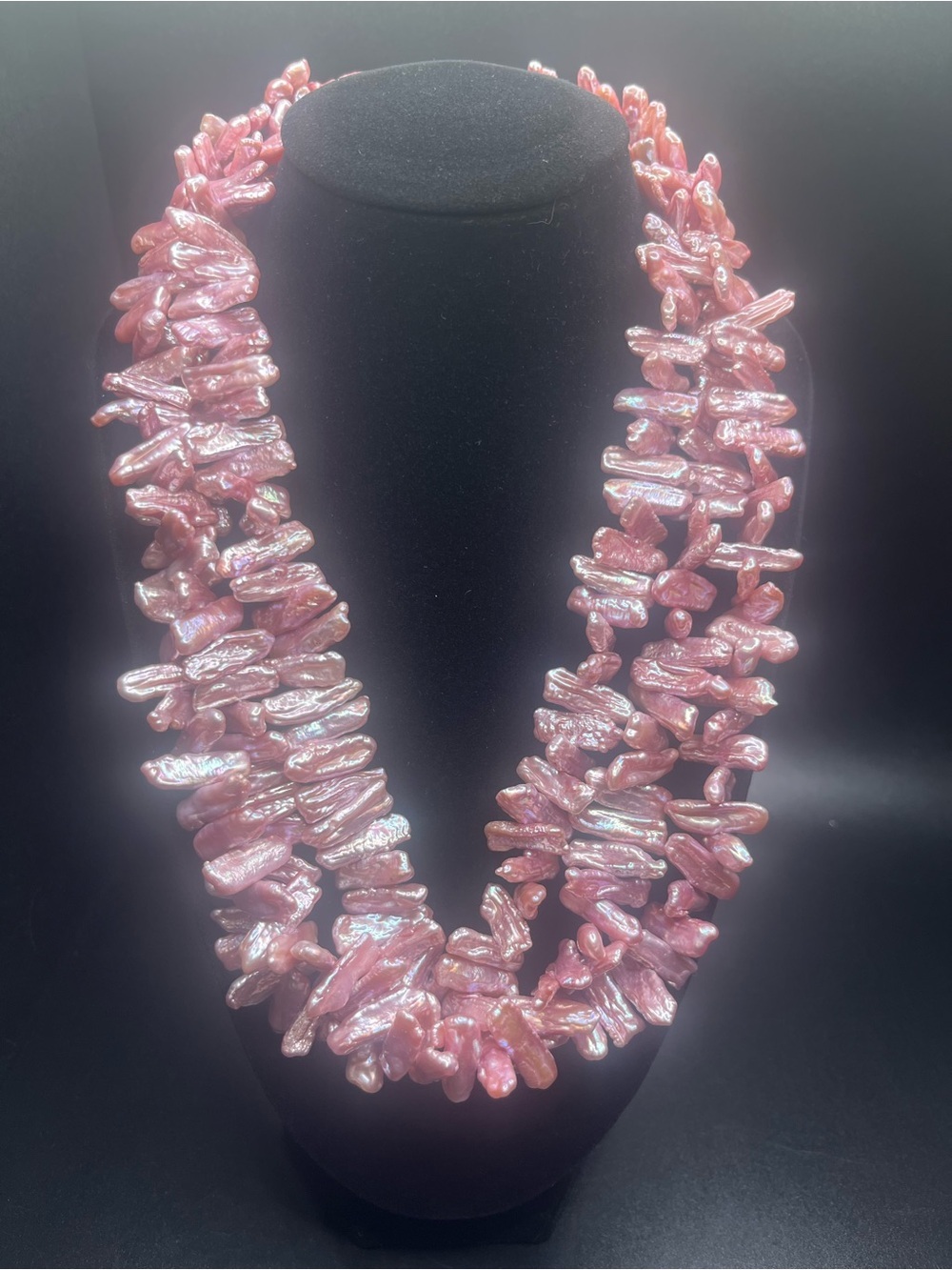 Pink Dyed Freshwater Stick Pearl Multi Strand Statement Necklace 20”